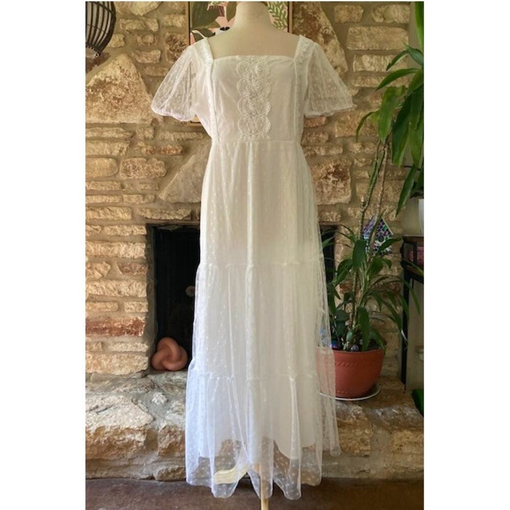 Swiss Dot White Lace Maxi - Sheer Puff Sleeve Prairie Dress - Size XL